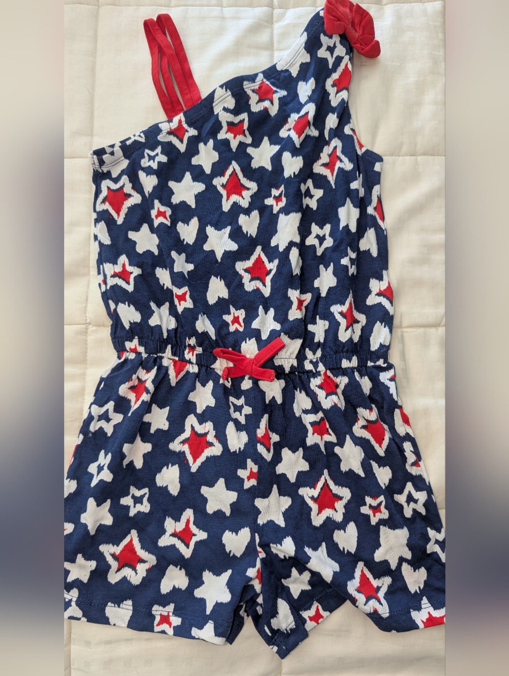 Kids - 4th July Red, White,Blue Star One-Shoulder Romper